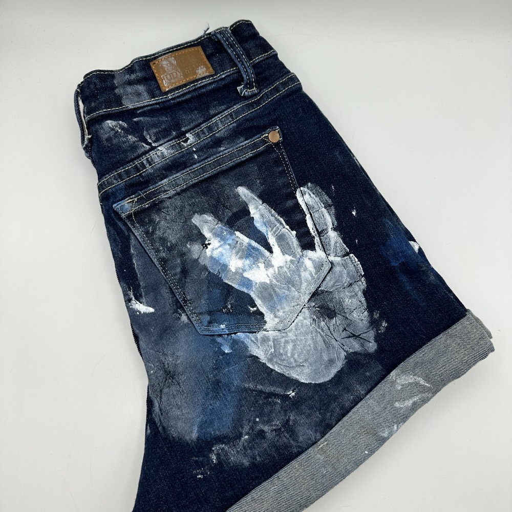 Judy Blue Denim Shorts Womens Size M Medium Dark Blue Paint Splatter Handprint